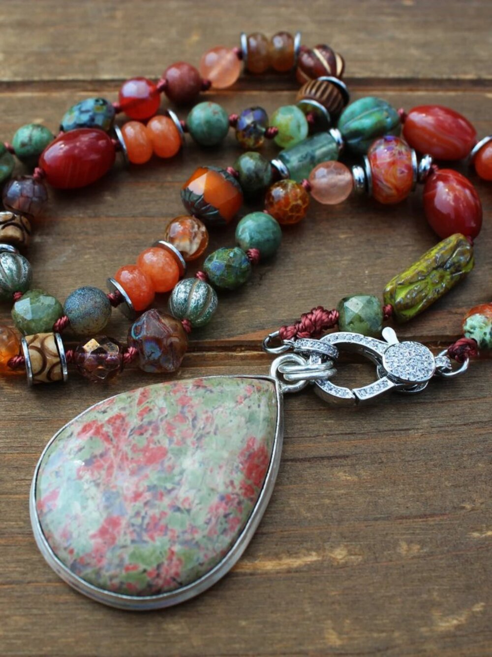 Hand-Knotted Necklace Autumn Glow with Carnelian, Jasper, and Unakite Pendant